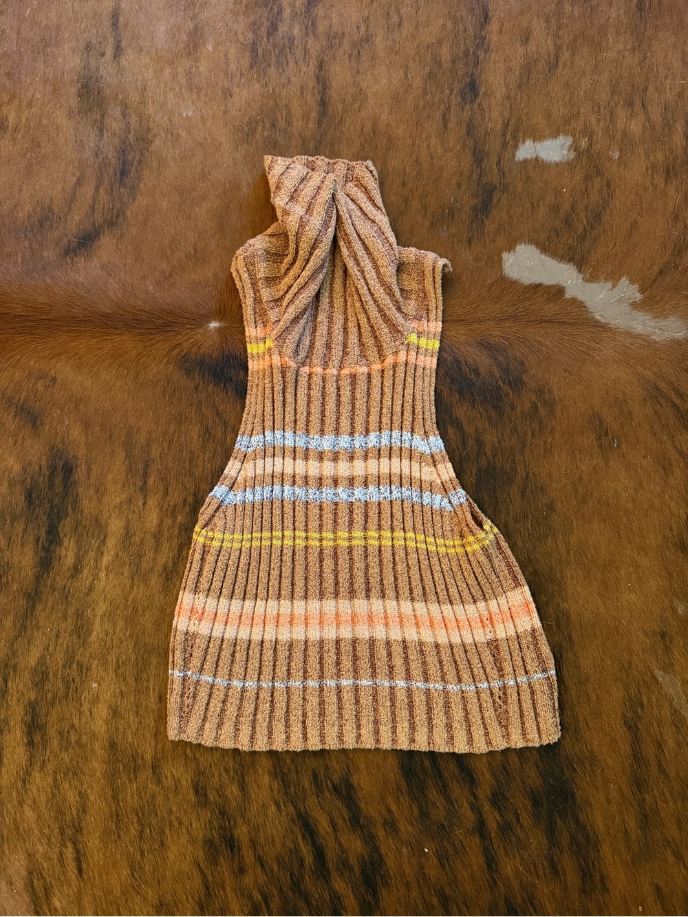 Free People Rust and Light Blue Striped Ribbed Hooded Tank
